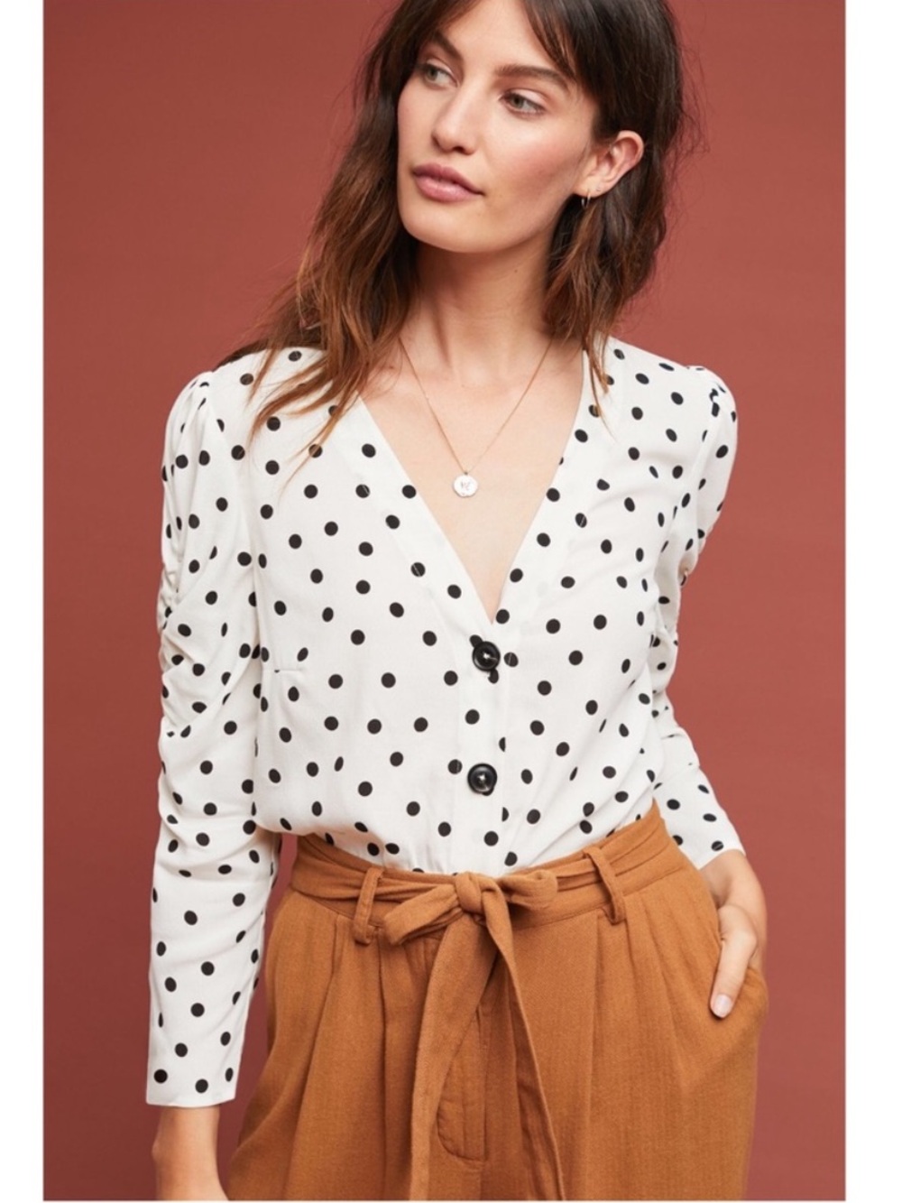 Anthropologie Maeve Jourdain White Black Polka Dot V Neck Long Sleeve Top Small